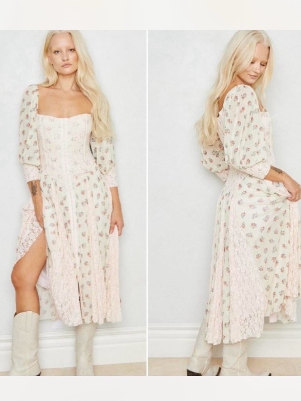 Romantic Square-Neck Midi Dress in Cream Floral
